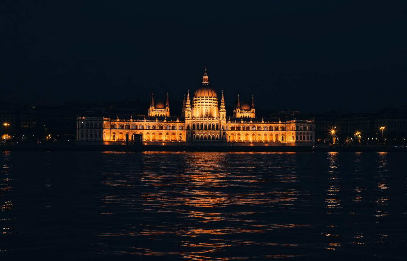 Budapest Parliament reflected on the Danube at night
