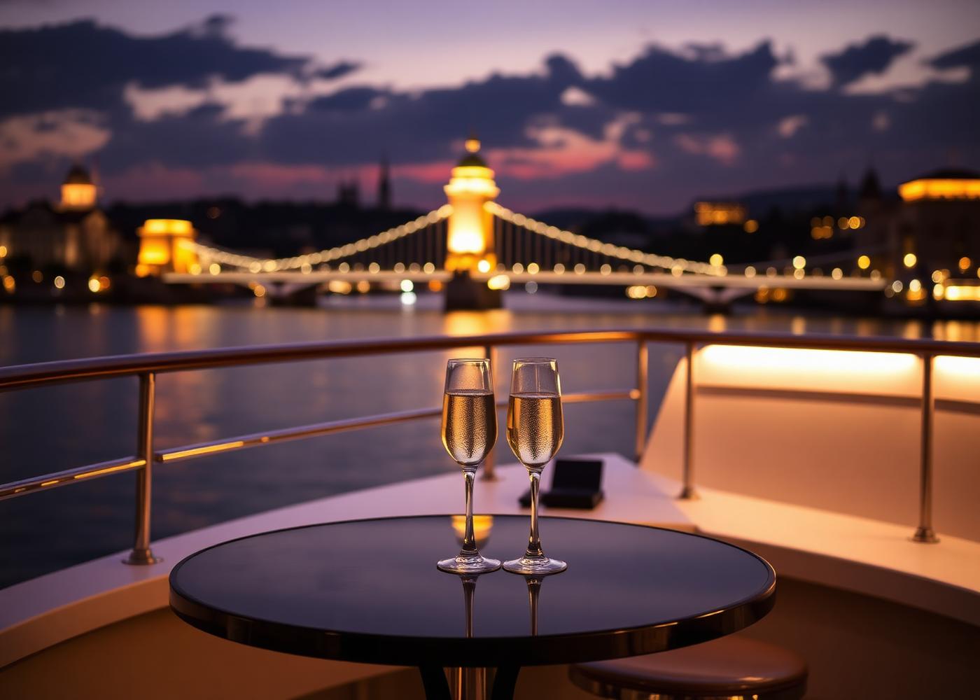 Champagne on the yacht deck with Budapest Chain Bridge at dusk