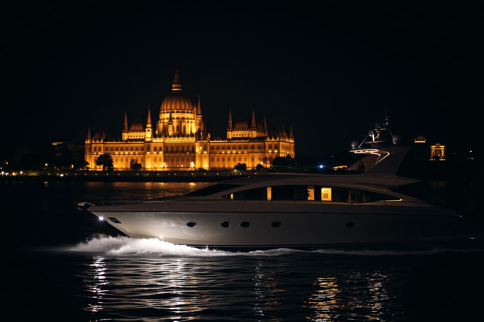 Elizium yacht on the Danube at night with Budapest Parliament lit up behind